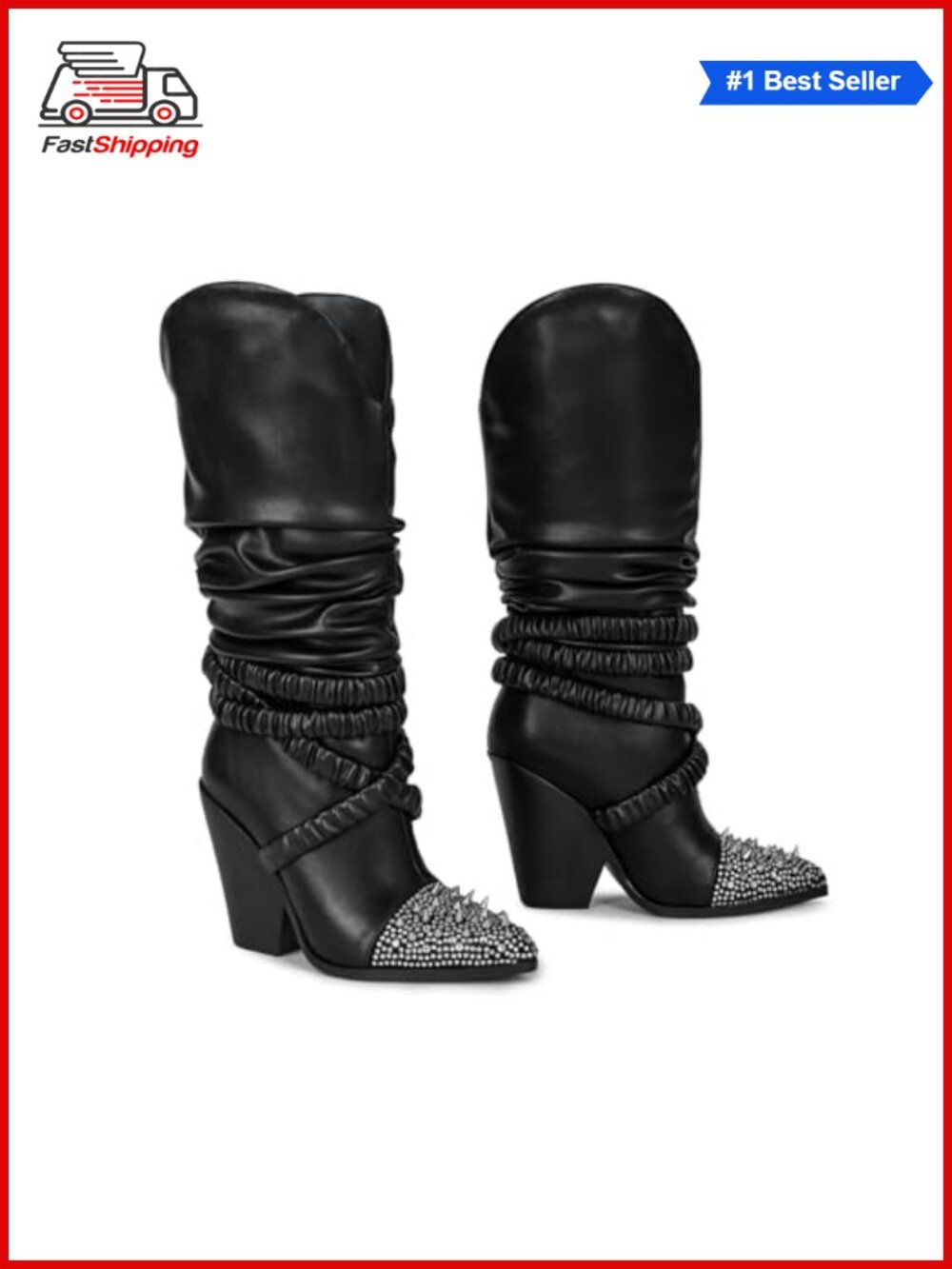 ✨Studded Pointed Toe Western Knee High Slouchy Chunky Heel Boots Faux Leather